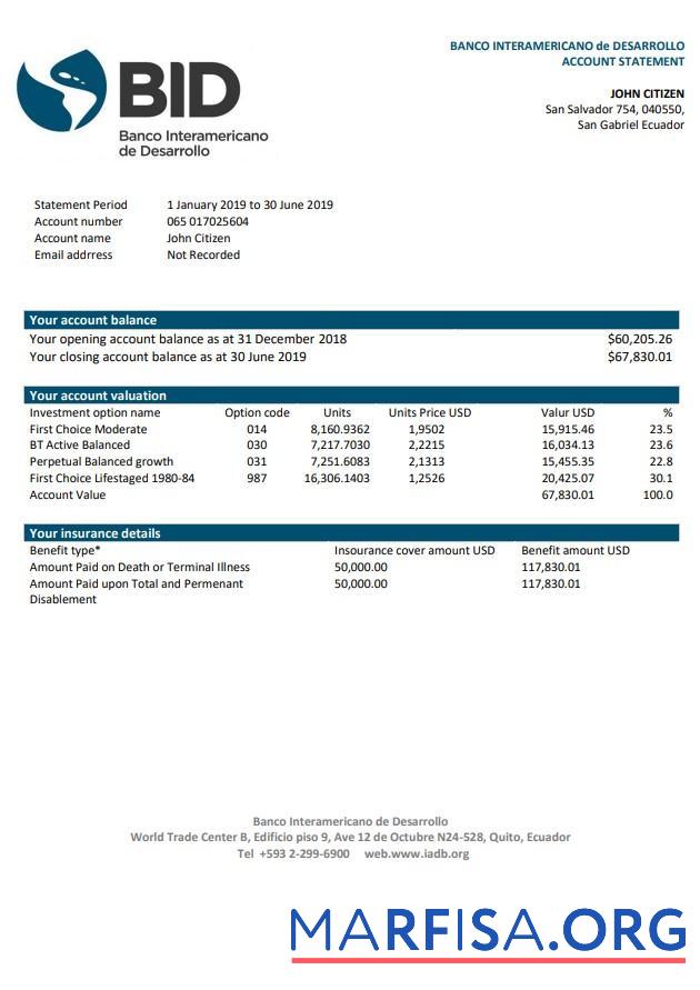Blank Ecuador Banco Interamericano de Desarrollo (BID) bank statement word download for verification